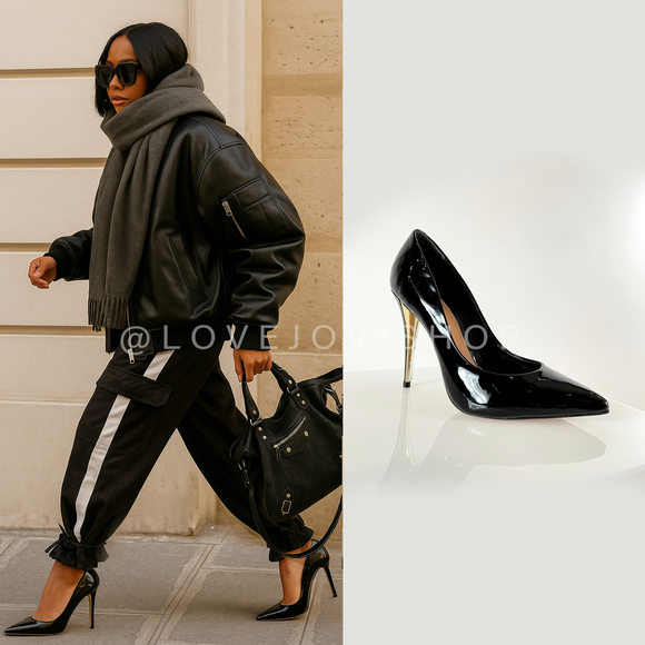 Streetwear | Schutz Black Patent Stiletto Pumps | Pointed Toe + Gold Accent! - Picture 1 of 14